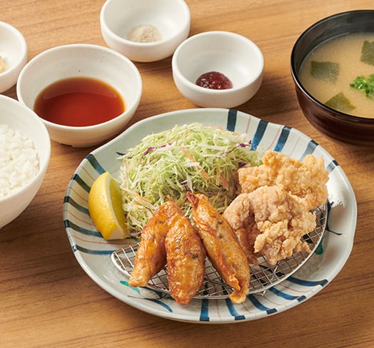 鶏皮餃子と鶏竜田揚げの定食（鶏皮餃子3個・鶏竜田揚げ2個）