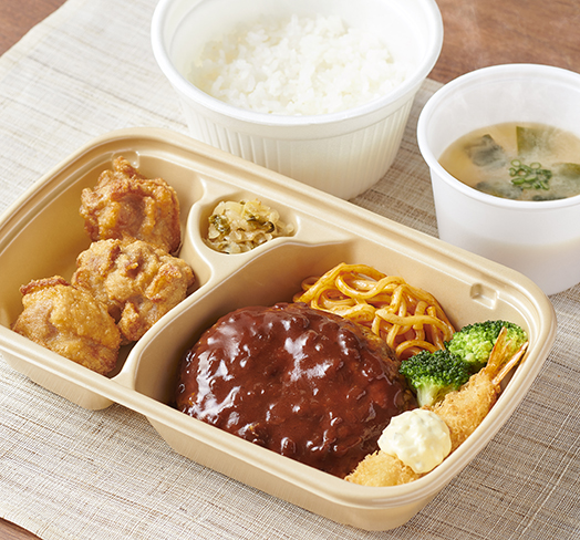 ［テイクアウト］ハンバーグとエビフライとから揚げの人気トリオ