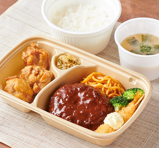 ［テイクアウト］ハンバーグとエビフライとから揚げの人気トリオ