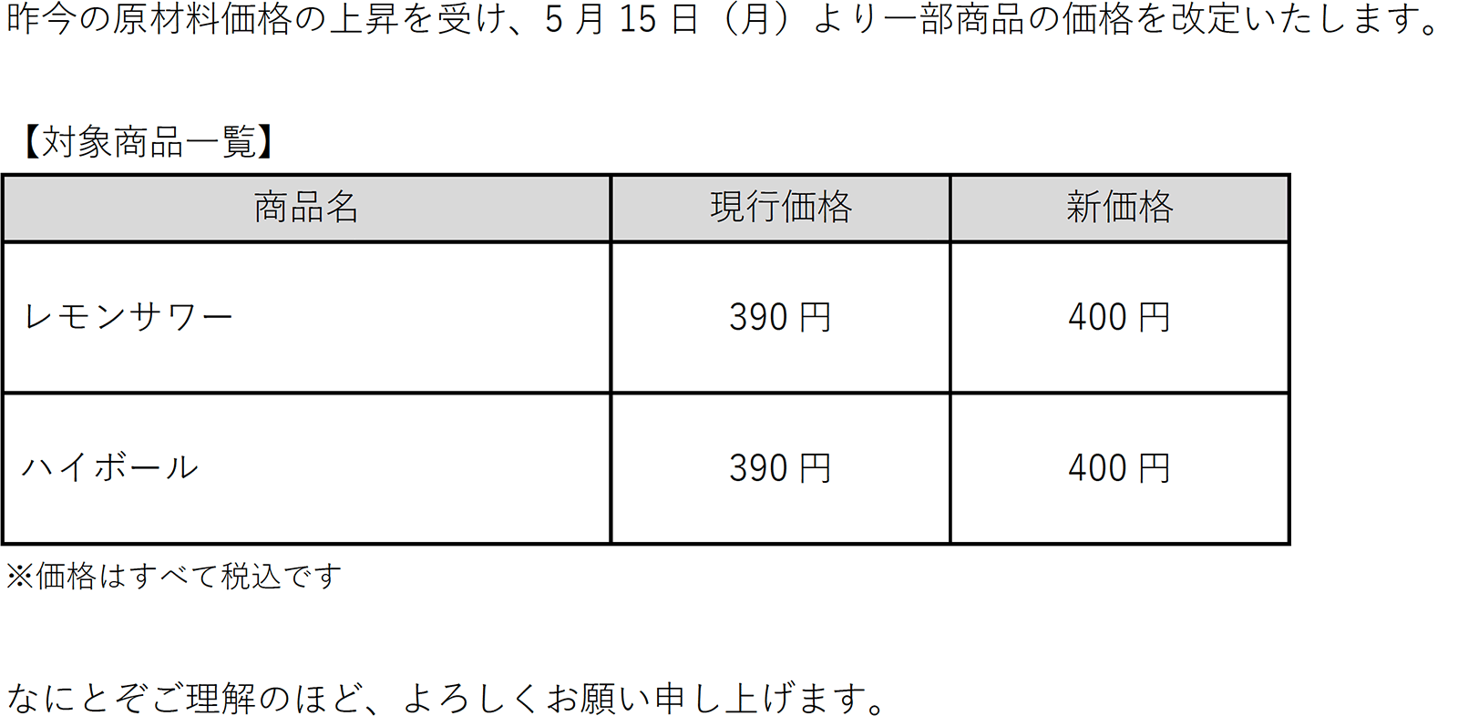 昨今の原材料価格の上昇を受け、5月15日（月）より一部商品の価格を改定いたします。対象商品は、レモンサワー現行価格390円を新価格400円。ハイボール現行価格390円を新価格400円。価格はすべて税込です。なにとぞご理解のほど、よろしくお願い申し上げます。