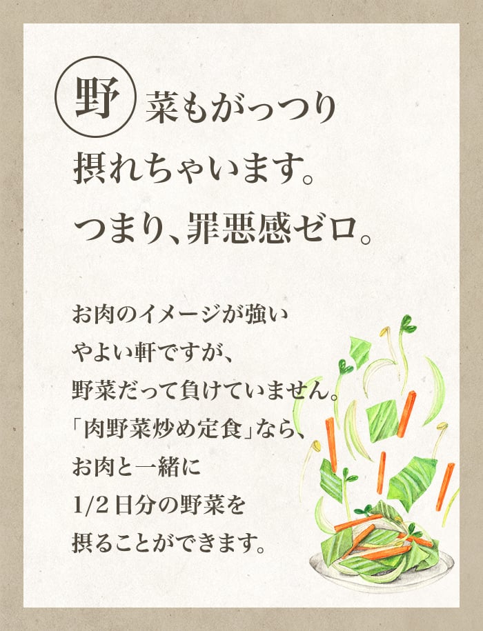 野菜もがっつり摂れちゃいます。つまり、罪悪感ゼロ。お肉のイメージが強いやよい軒ですが、野菜だって負けていません。「肉野菜炒め定食」なら、お肉と一緒に1/2日分の野菜を摂ることができます。