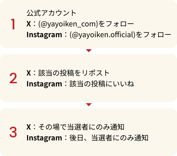 STEP01 公式アカウントX：(@hottomotto_com)をフォロー　Instagram：(@hottomotto_official)をフォロー、STEP02 X：該当の投稿をリポスト Instagram：該当の投稿にいいね、STEP03 X：その場で当選者にのみ通知 Instagram：後日、当選者にのみ通知